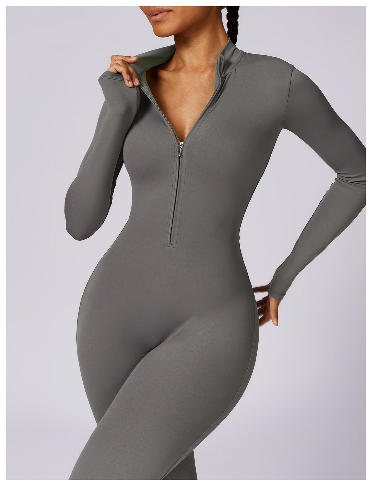 Zipper nude long-sleeved yoga jumpsuit high-intensity fitness exercise bodysuit