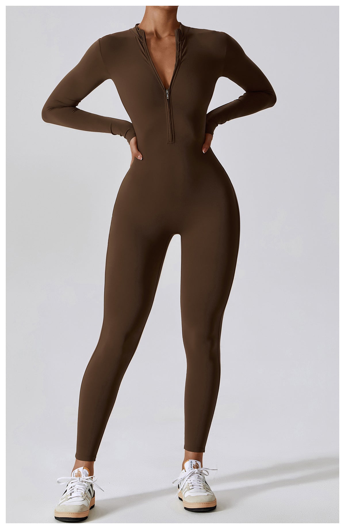 Zipper nude long-sleeved yoga jumpsuit high-intensity fitness exercise bodysuit
