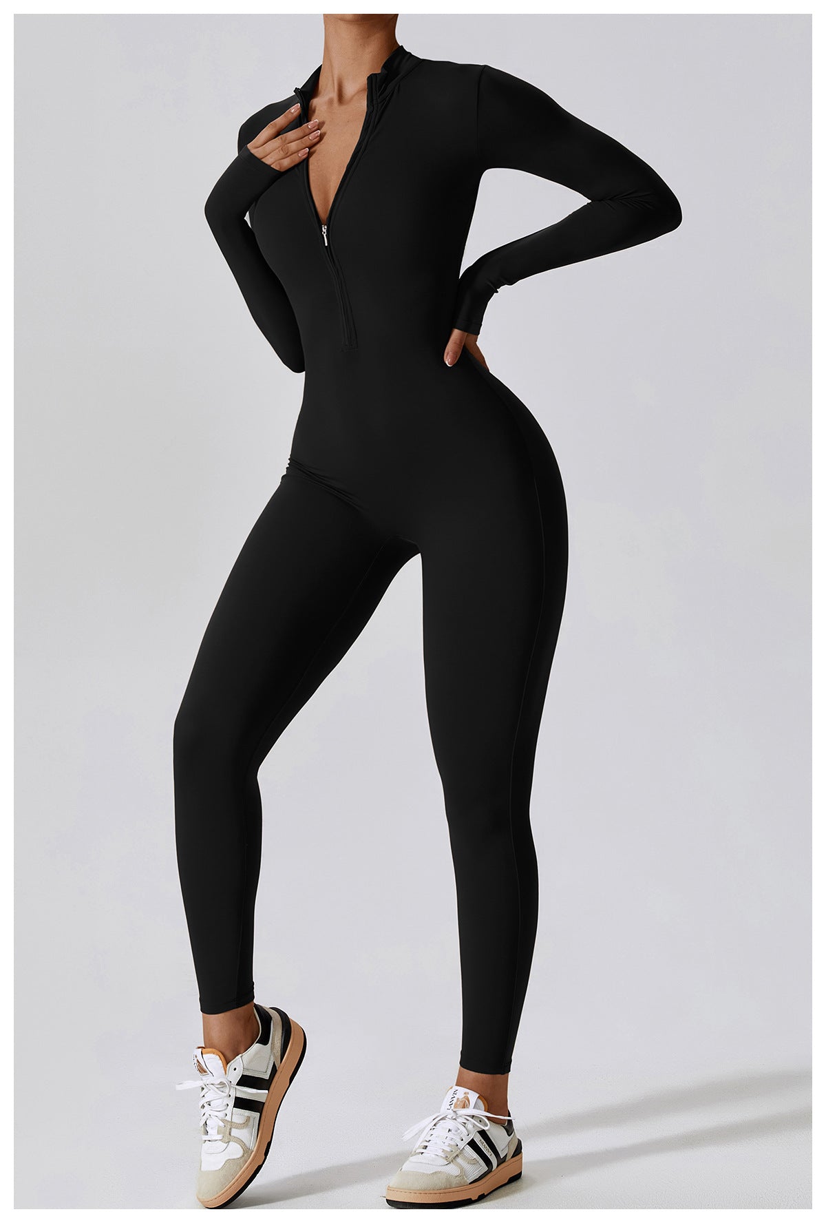 Zipper nude long-sleeved yoga jumpsuit high-intensity fitness exercise bodysuit